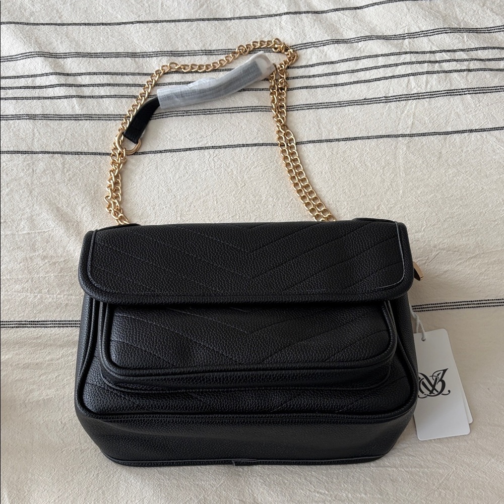 Brand New Black PU Leather Shoulder Bag with Goldtone Chain and Matching Wallet